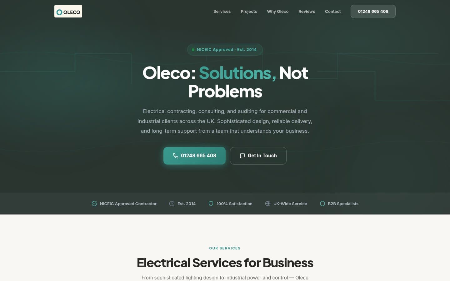 Oleco – Electrical Contracting website, North Wales